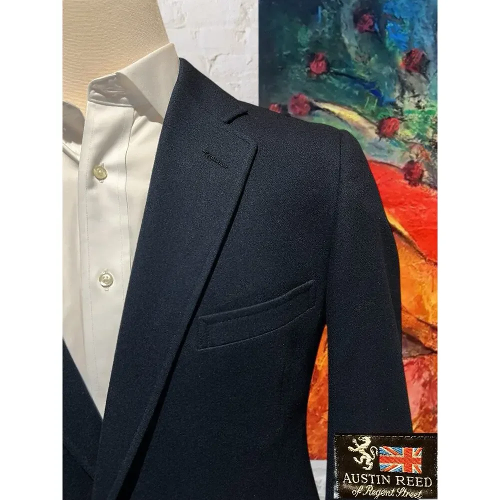 Vintage Austin Reed 40L Navy Blue Flannel Blazer Shank Buttons Unconstructed - Picture 2 of 16